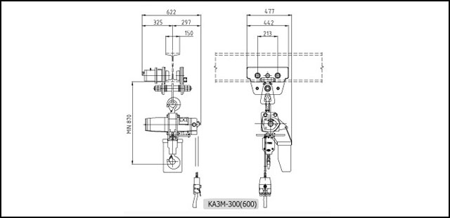 KHC运行式气动葫芦尺寸图（KA3型）